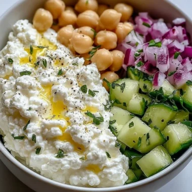 Cottage Cheese and Chickpea Salad served in a bowl with fresh vegetables.