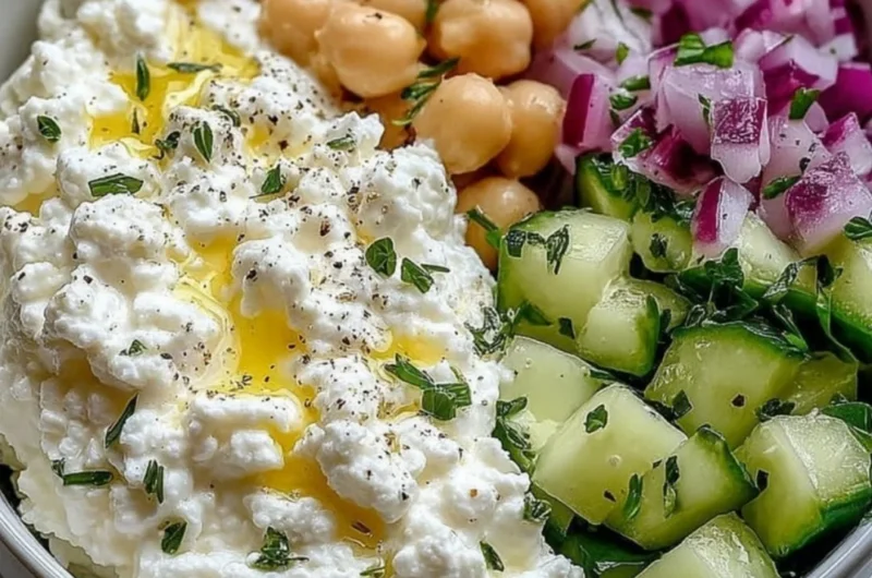 Cottage Cheese and Chickpea Salad served in a bowl with fresh vegetables.