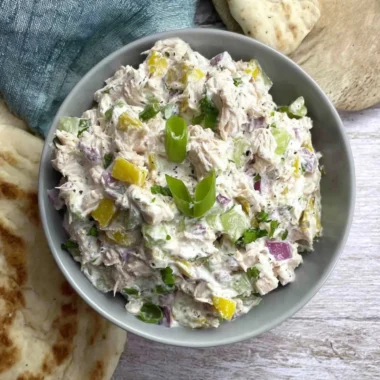 Cottage Cheese Chicken Salad with Banana Peppers served in a bowl