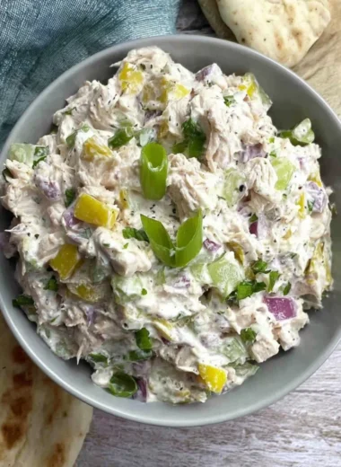 Cottage Cheese Chicken Salad with Banana Peppers served in a bowl