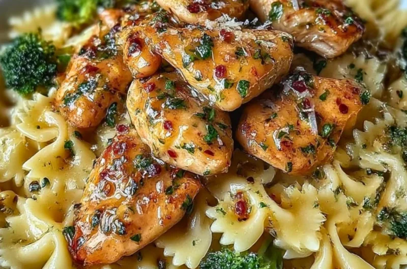 Cowboy Butter Lemon Bowtie Chicken served with broccoli on a plate