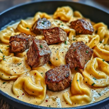 Delicious Garlic Steak Tortellini served in creamy sauce