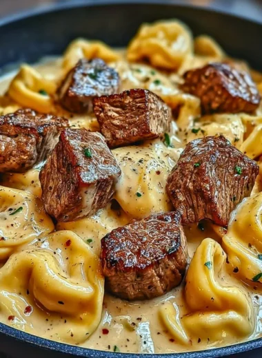 Delicious Garlic Steak Tortellini served in creamy sauce