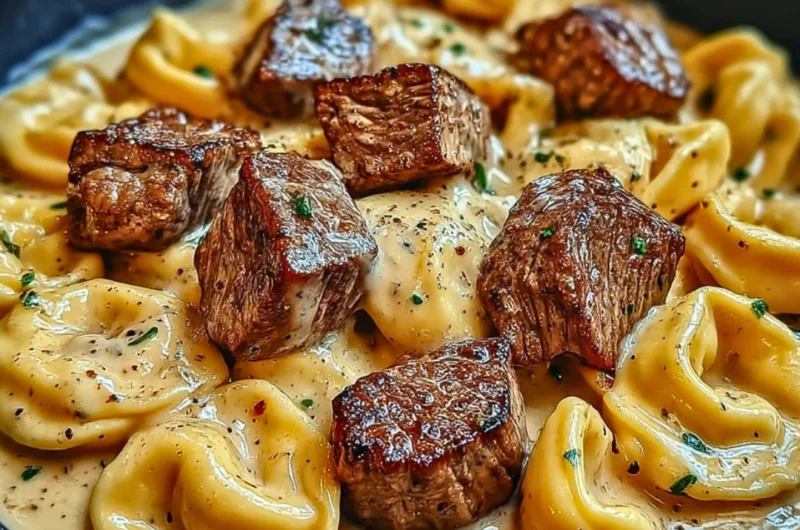Delicious Garlic Steak Tortellini served in creamy sauce