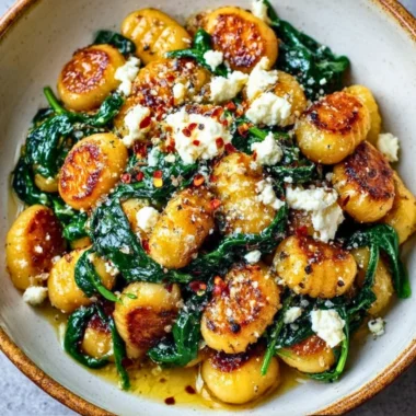 Creamy gnocchi with spinach and feta served in a bowl