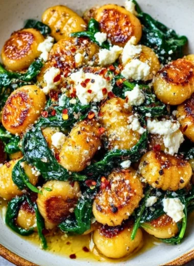 Creamy gnocchi with spinach and feta served in a bowl