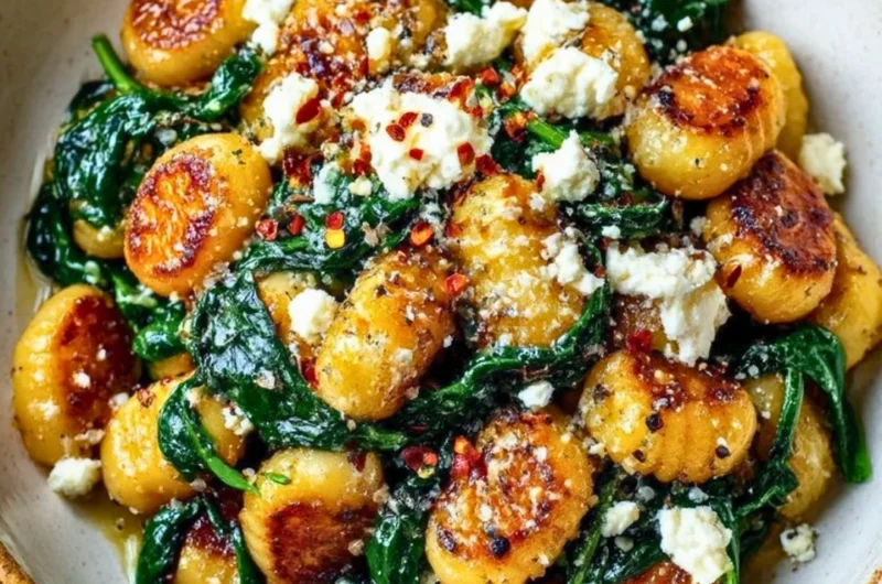 Creamy gnocchi with spinach and feta served in a bowl