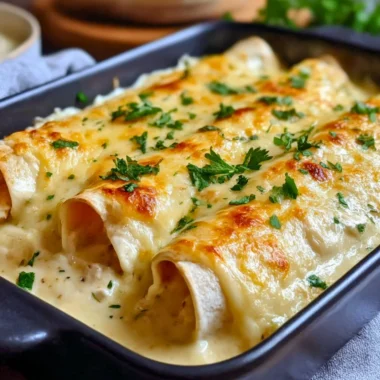 Delicious creamy white chicken enchiladas served with toppings on a plate.