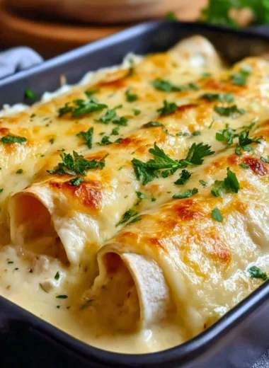 Delicious creamy white chicken enchiladas served with toppings on a plate.