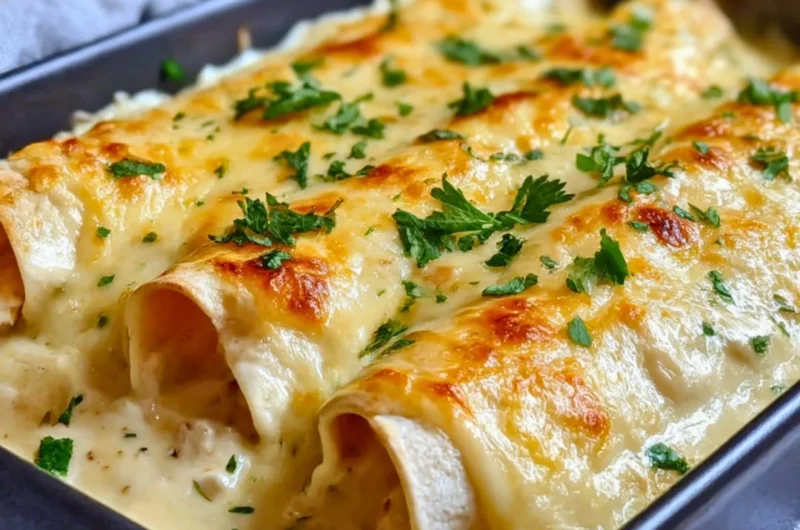 Delicious creamy white chicken enchiladas served with toppings on a plate.