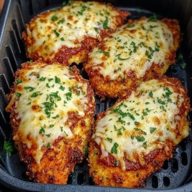 Crispy Air Fryer Chicken Parmesan served with marinara sauce and melted cheese