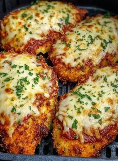 Crispy Air Fryer Chicken Parmesan served with marinara sauce and melted cheese