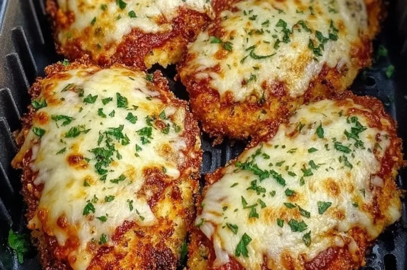 Crispy Air Fryer Chicken Parmesan served with marinara sauce and melted cheese