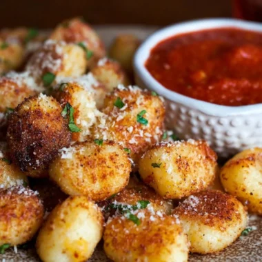 Crispy air fryer gnocchi served on a plate with herbs and sauce.