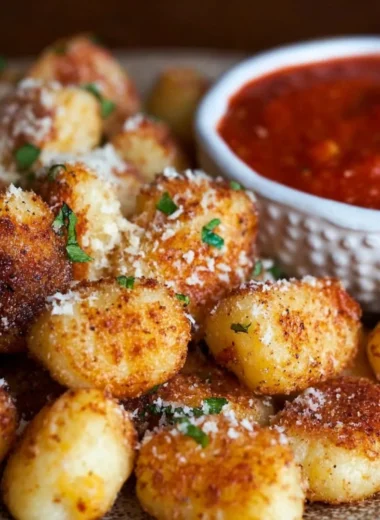 Crispy air fryer gnocchi served on a plate with herbs and sauce.