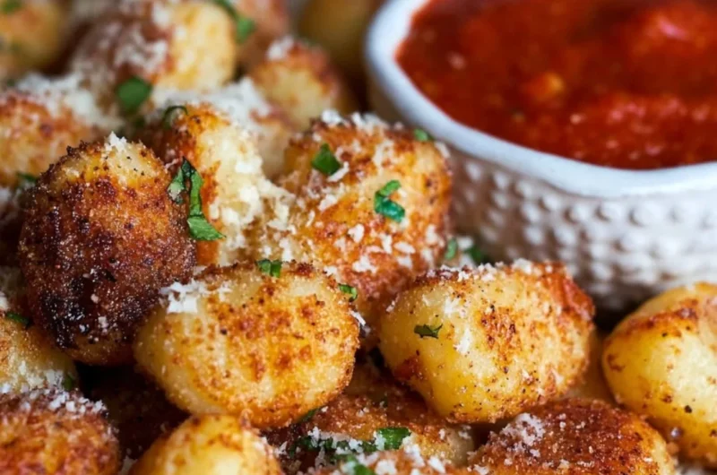 Crispy air fryer gnocchi served on a plate with herbs and sauce.