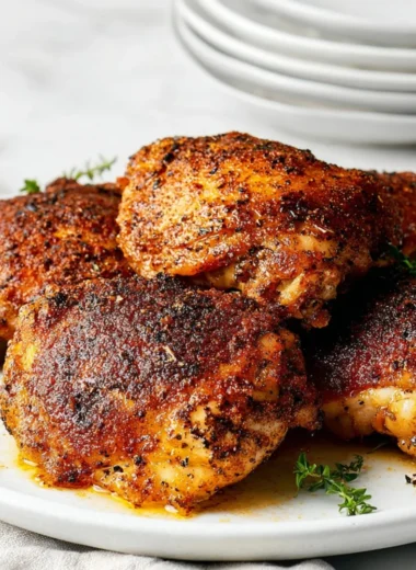 Crispy baked chicken thighs served with herbs and spices