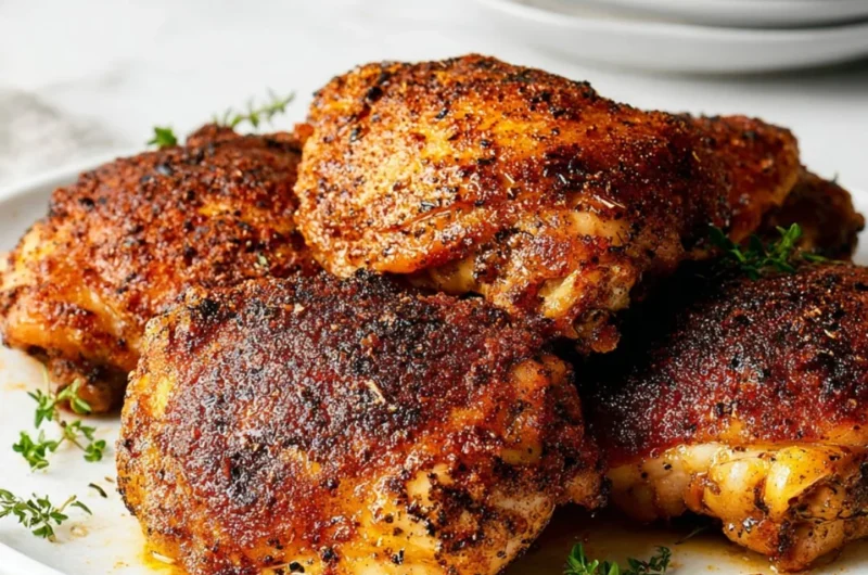 Crispy baked chicken thighs served with herbs and spices