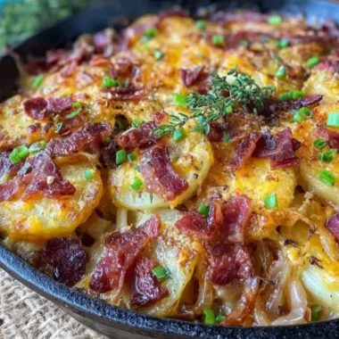Crispy Irish bacon potato skillet topped with herbs and served hot.