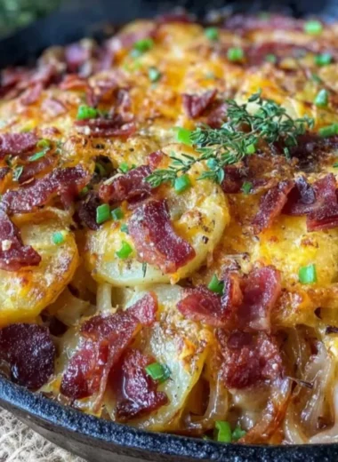 Crispy Irish bacon potato skillet topped with herbs and served hot.