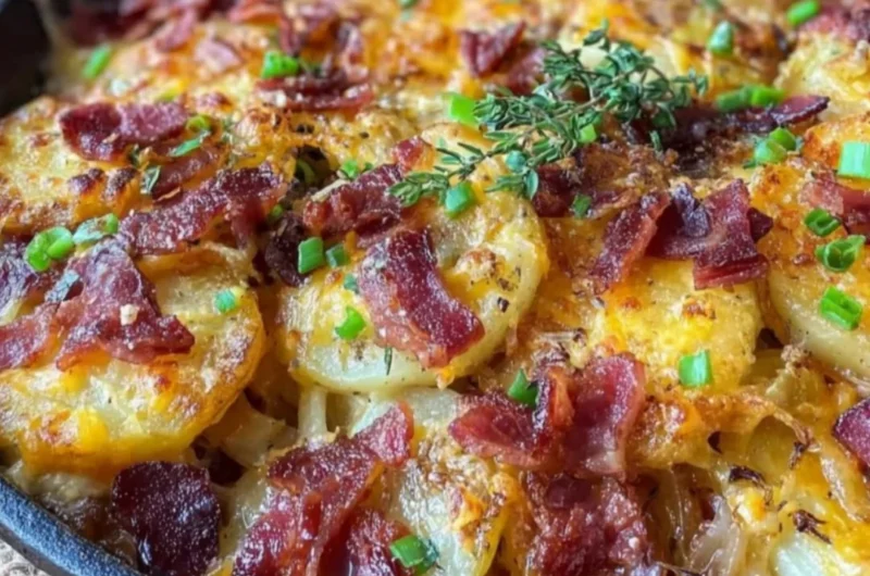 Crispy Irish bacon potato skillet topped with herbs and served hot.
