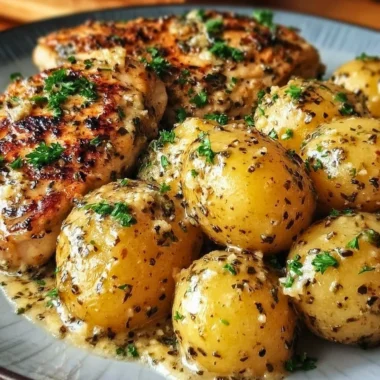 Crock Pot Parmesan Garlic Chicken with potatoes served on a rustic plate.
