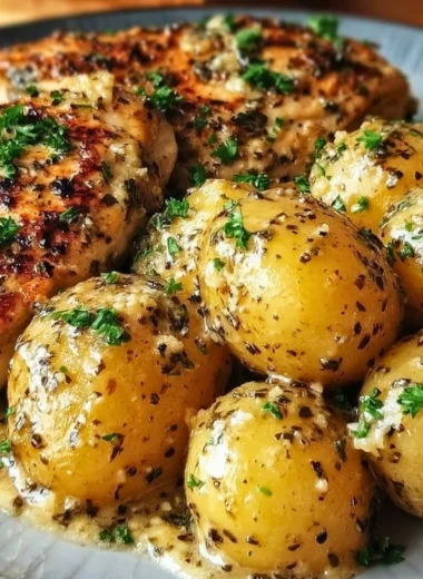 Crock Pot Parmesan Garlic Chicken with potatoes served on a rustic plate.