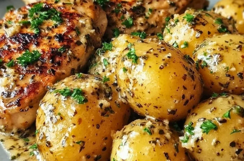 Crock Pot Parmesan Garlic Chicken with potatoes served on a rustic plate.