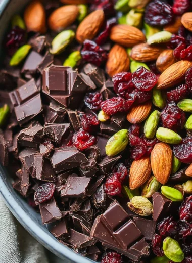 A close-up of Dark Chocolate-Cherry Trail Mix in a bowl, highlighting its health benefits.