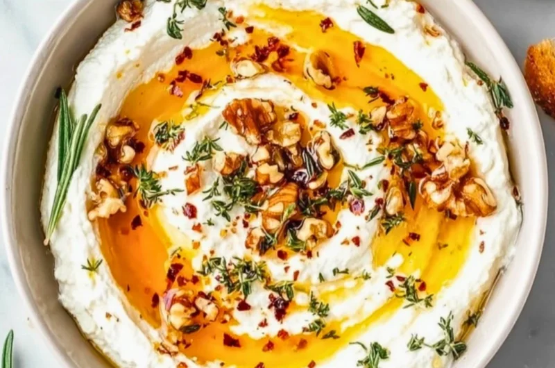 Delicious ricotta dip recipe with hot honey topping for a flavorful appetizer