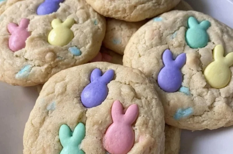 Colorful Easter M&M cookies fresh out of the oven