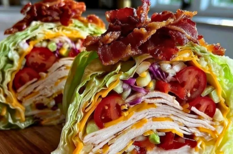Keto Turkey Club lettuce wraps filled with turkey and fresh vegetables