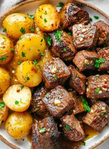 Garlic steak bites served with crispy potatoes on a plate