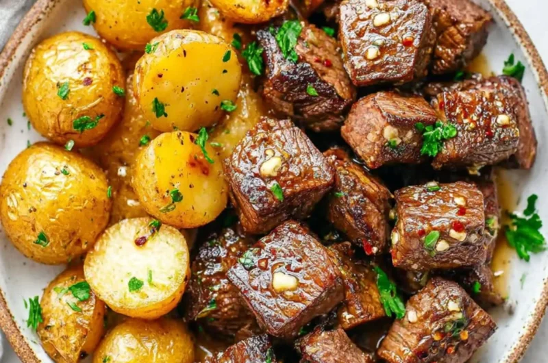 Garlic steak bites served with crispy potatoes on a plate