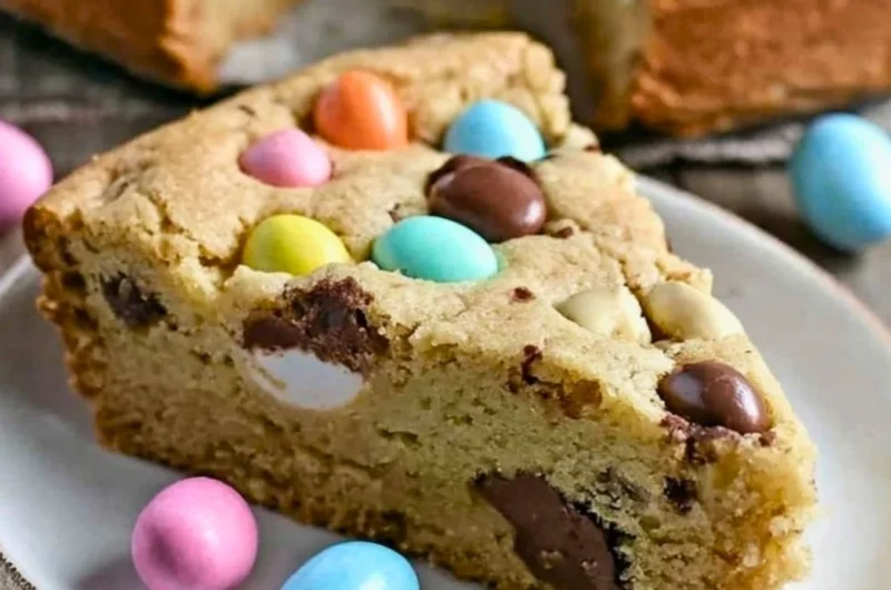 Delicious Giant Candy Cookie Pie featuring colorful candies and cookie crust.