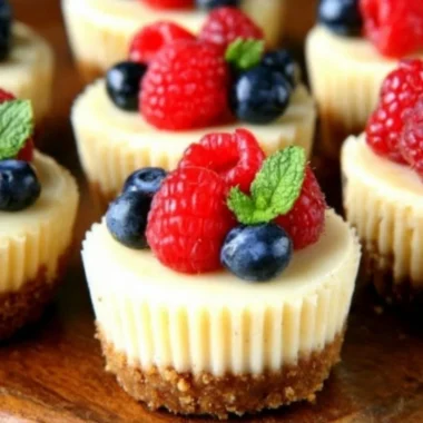 Delicious gluten-free cheesecakes topped with fresh fruit and chocolate drizzle.