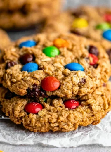 Gluten-free monster cookies with chocolate chunks and colorful candies