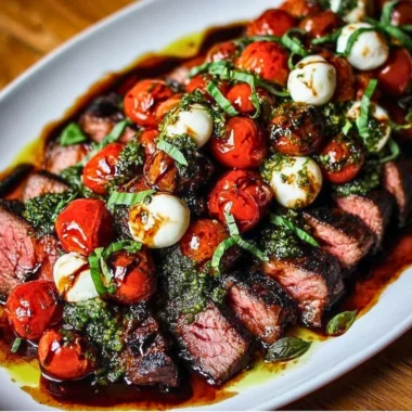 Grilled flank steak caprese with fresh basil and balsamic dressing