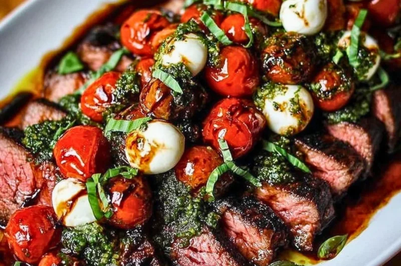 Grilled flank steak caprese with fresh basil and balsamic dressing