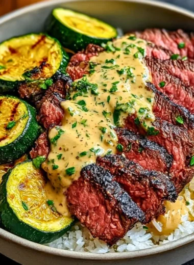 Grilled steak bowl garnished with sauce and grilled zucchini on a plate.
