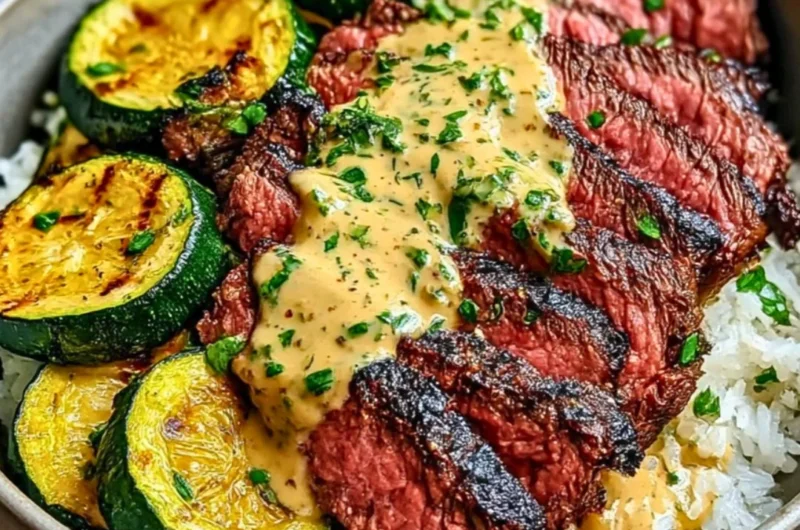 Grilled steak bowl garnished with sauce and grilled zucchini on a plate.