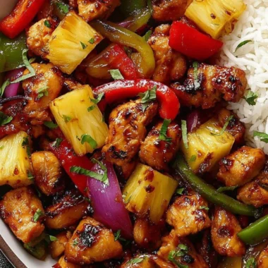 Hawaiian Chicken Sheet Pan with colorful vegetables and pineapples