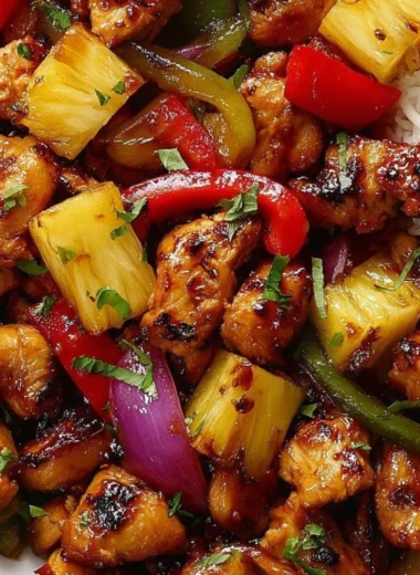 Hawaiian Chicken Sheet Pan with colorful vegetables and pineapples