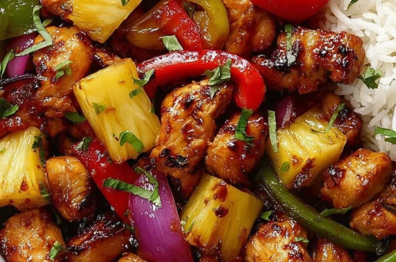 Hawaiian Chicken Sheet Pan with colorful vegetables and pineapples