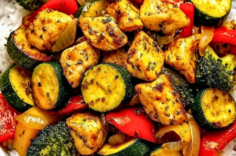 Healthy chicken and vegetables skillet dish cooked in a skillet pan