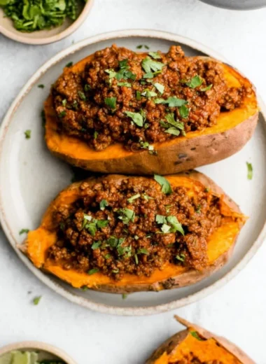 A plate of healthy sloppy joes made with lean meat and fresh vegetables.