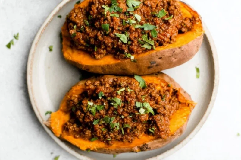 A plate of healthy sloppy joes made with lean meat and fresh vegetables.