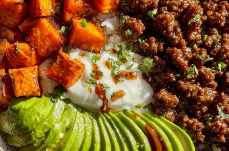 High-protein beef bowls with vegetables and rice