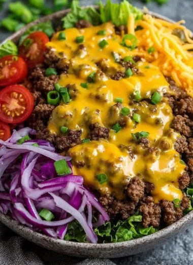 High-protein cheeseburger bowls with ground beef and burger sauce
