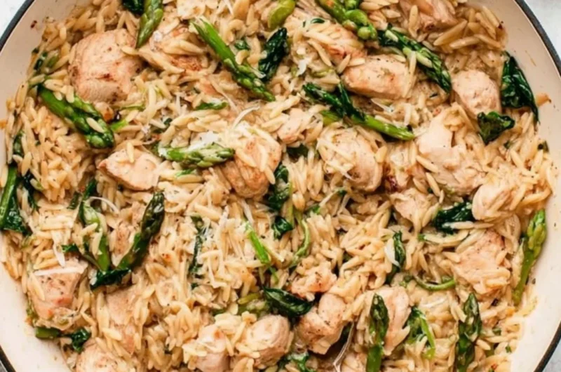 High Protein Chicken Orzo dish served in a bowl with herbs.
